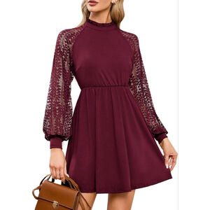 EXLURA Womens Red Lace High Neck Long Sleeve Dress